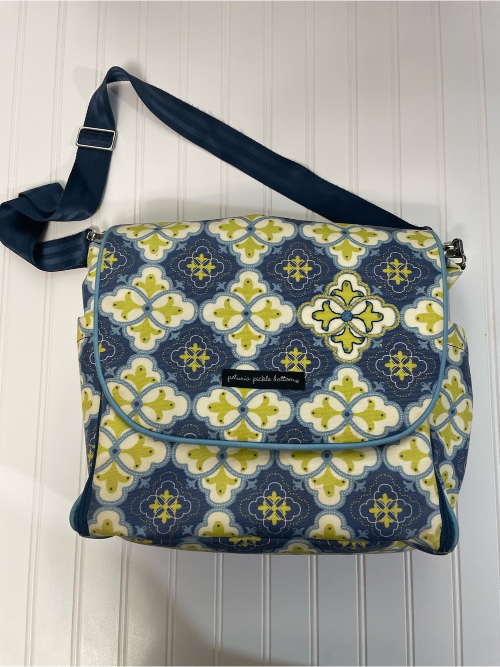 Petunia Pickle Bottom Blue & Yellow Patterned Crossbody Backpack Diaper Bag